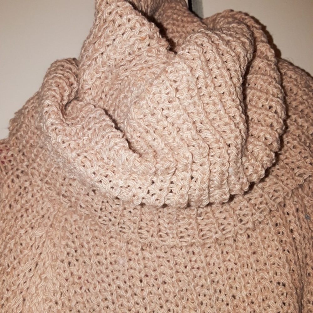 Cold Shoulder Turtle Neck Khaki Knit Sweater OS - Picture 2 of 5